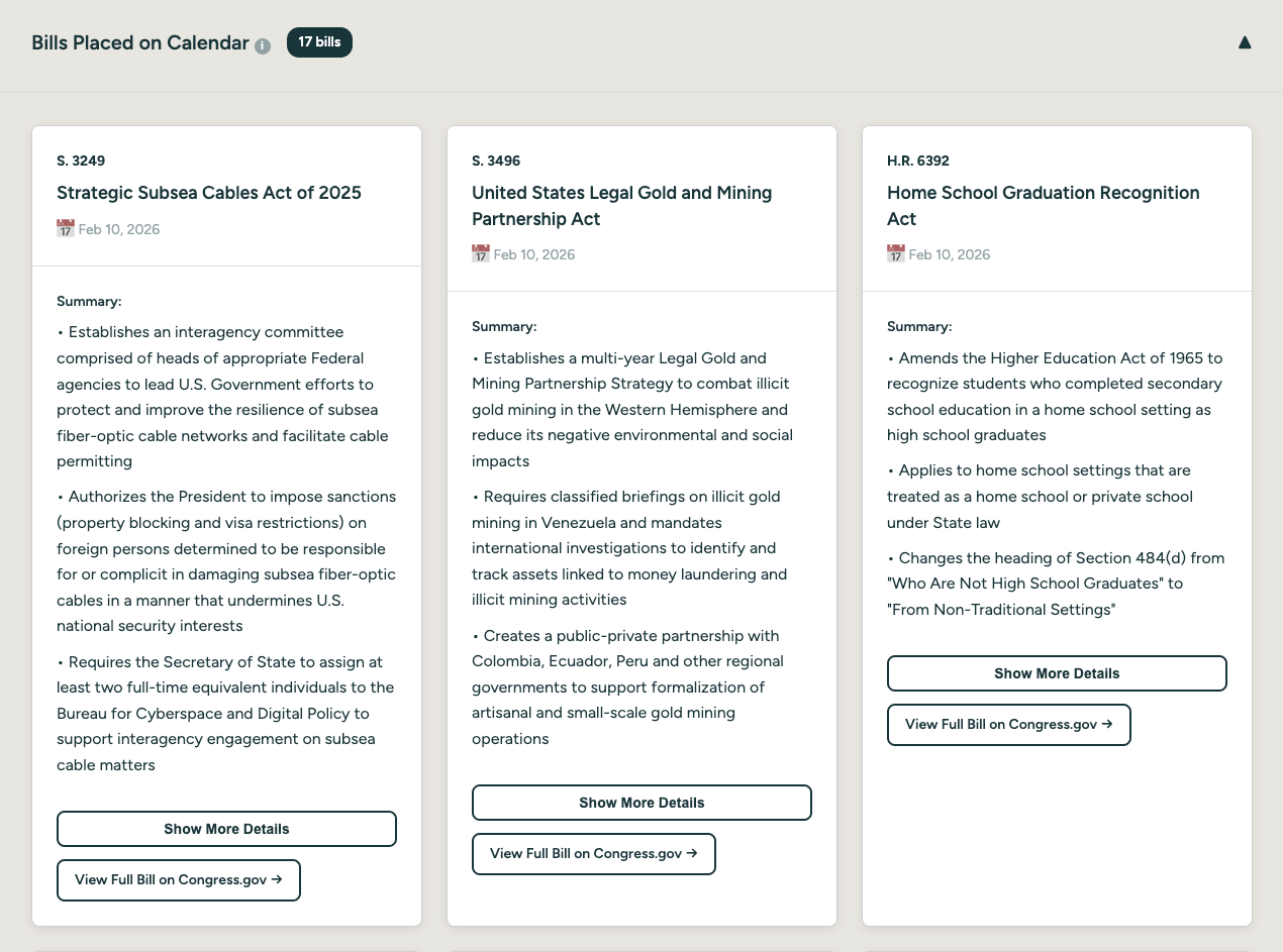 Multiple bill cards showing diverse policy areas