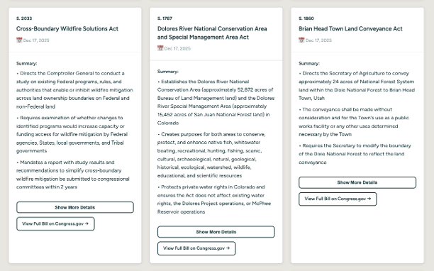 Multiple bill cards showing variety of legislation topics