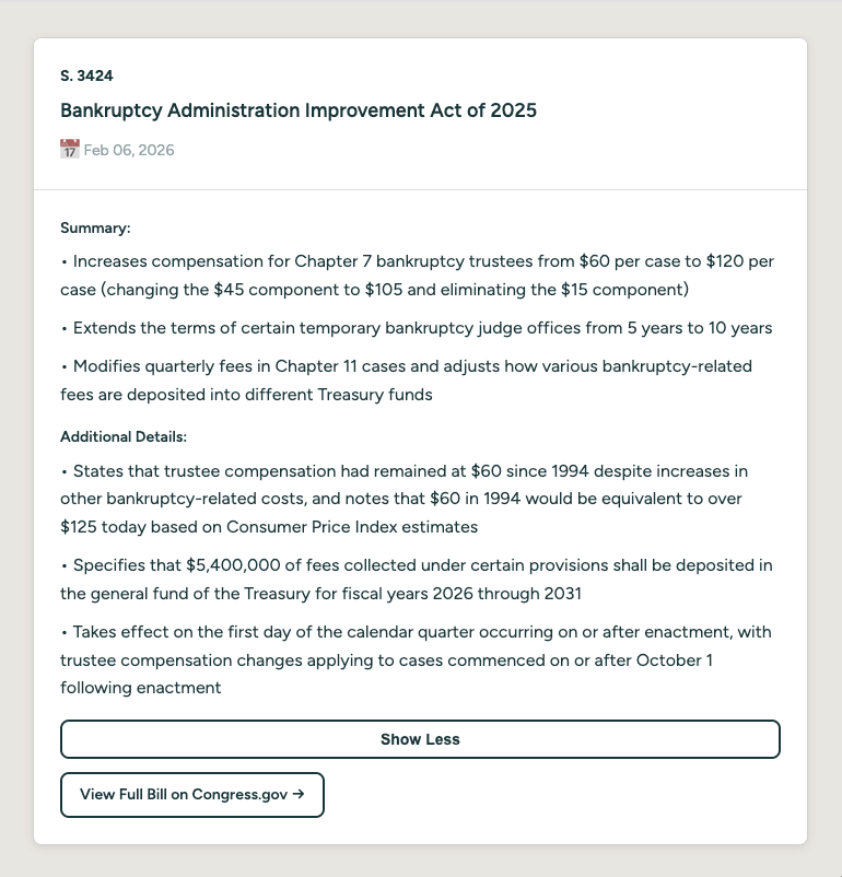 AI-generated bill summary with expandable details
